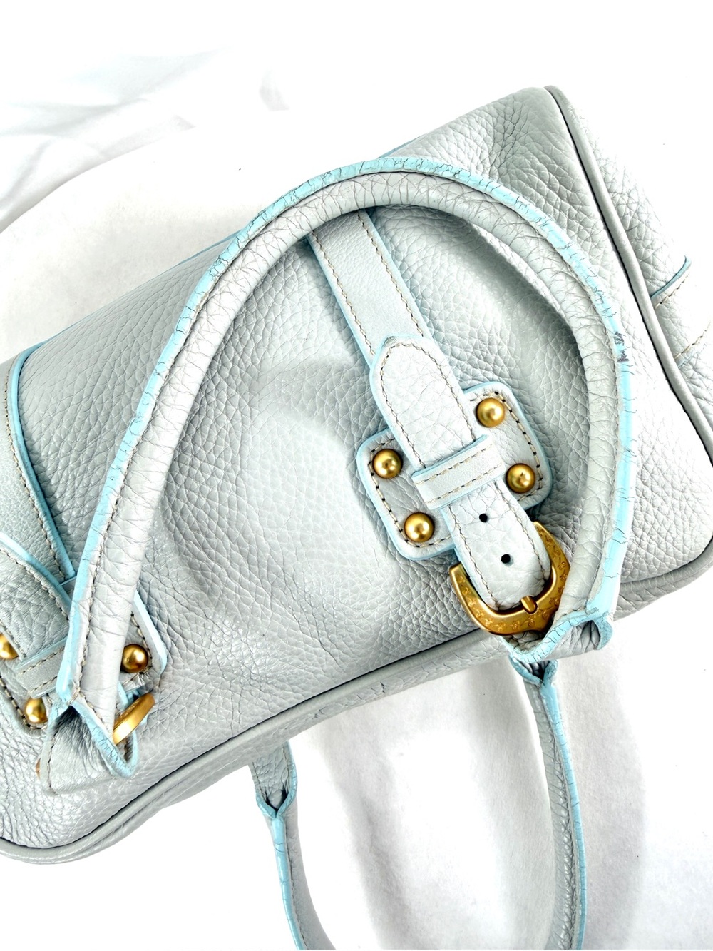 Dooney Bourke Pastel Blue Pebbled Leather Small Satchel Shoulder Bag Brass Studs - Picture 11 of 12